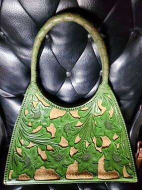 Green Floral Hand Tooled Leather & Woven Large Shoulder Bag